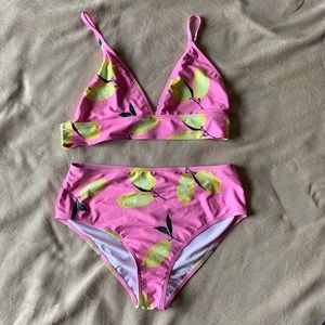 Shein Pink Lemon High Waisted Bikini Set Size L